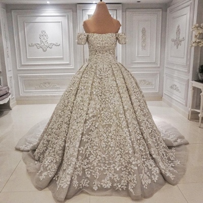 Geogrous Floral Ball Gown Wedding Dresses | Off The Shoulder Lace Bridal Gowns_2