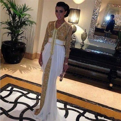 2021 Long Sleeves Evening Gowns Gold Sequins White Chiffon Long Arabic Dubai Dresses_3