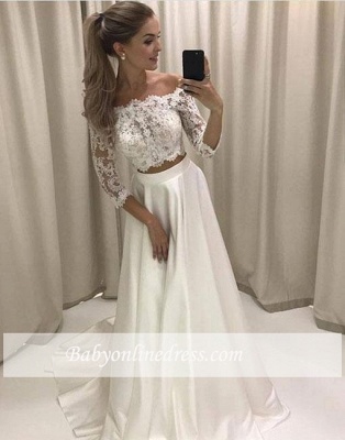 Two-pieces Sweep-train Off-the-shoulder Lace White Wedding Dress_1