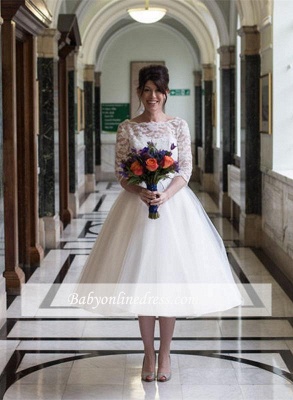 Charming Designer Lace Tulle Bridal Gowns Tea-Length Zipper Wedding Dresses_4