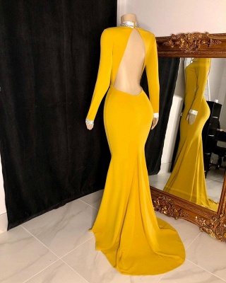 Yellow Sexy Long-sleeve Mermaid Backless Long Floor-length Prom Dresses_2