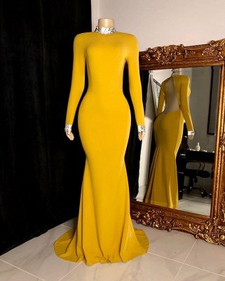 Yellow Sexy Long-sleeve Mermaid Backless Long Floor-length Prom Dresses_3