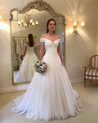 Simple Off-The-Shoulder A-Line Wedding Dresses | Ruched Tulle Bridal Gowns_3