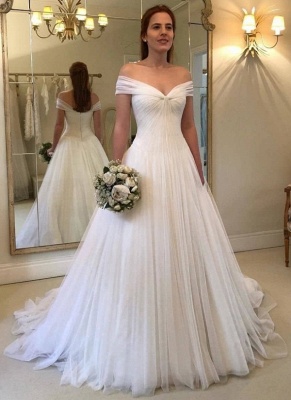 Simple Off-The-Shoulder A-Line Wedding Dresses | Ruched Tulle Bridal Gowns_2