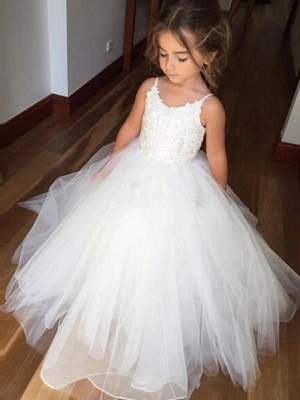 Lovely White Flower Girl Dresses | Spaghetti Straps Tulle Girl Party Dress_1