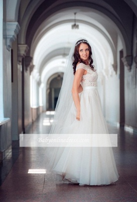 Long Elegant Lace Cap-Sleeve Tulle Split Wedding Dresses_1