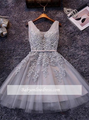 Appliques V-Neck Silver Puffy Elegant Lace Short Homecoming Dresses_16