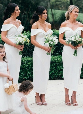 Chic Ankle Length Bridesmaid Dress | Off-the-Shoulder Wedding Party Dress_1