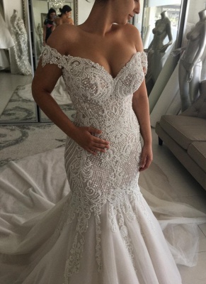 Luxury Pearls Mermaid Wedding Dresses | Off-the-Shoulder Long Bridal Gowns_1