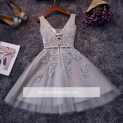 Appliques V-Neck Silver Puffy Elegant Lace Short Homecoming Dresses_15