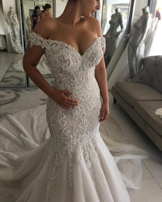 Luxury Pearls Mermaid Wedding Dresses | Off-the-Shoulder Long Bridal Gowns_3