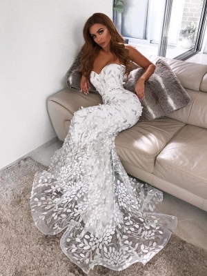 Chic White Mermaid Prom Dresses | Sweetheart Neck Special Appliques Evening Gown_1