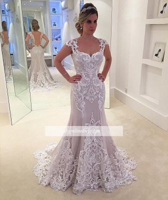 Elegant Cap-sleeve Floor-length Lace Mermaid Wedding Dress_1