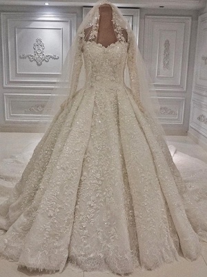 Brilliant Lace Ball Gown Wedding Dresses | Sweetheart Long Sleeves Lace Bridal Dresses_1