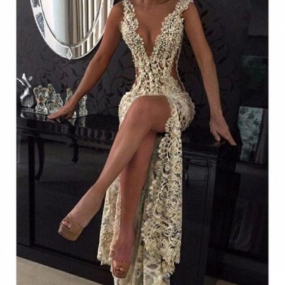 2021 Sexy Lace Evening Gowns Deep V Neck Beaded Thigh-High Slit Sheer Pageant Dresses_3