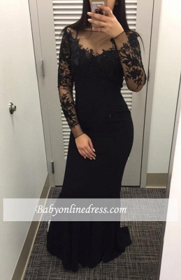 2021 Black Mermaid Long-Sleeves Lace Appliques Prom Dress_1