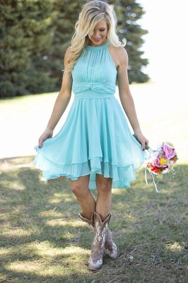 2021 Country Short Bridesmaid Dresses Chiffon Halter Neck Tiers Summer Wedding Party Dress_4