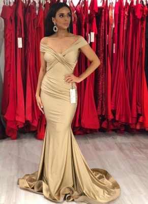 Sexy Gold Mermaid Prom Dresses | Off-the-Shoulder Ruched Prom Dresses_1