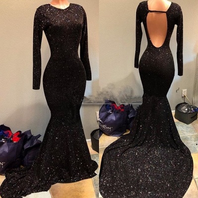 Black Sequins 2021 Prom Dress | Long Sleeve Evening Gowns On Sale BA9023_2