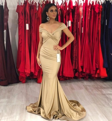 Sexy Gold Mermaid Prom Dresses | Off-the-Shoulder Ruched Prom Dresses_2