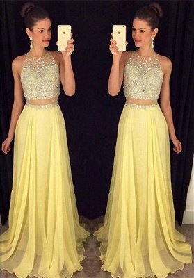 2021 Two-Piece Prom Dresses for Teens Chiffon Beaded Long A-line Sexy Evening Gowns_6