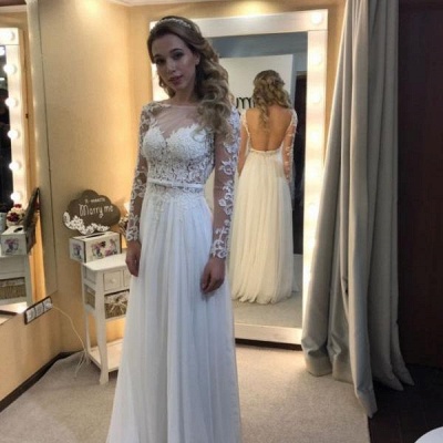 Floor Length Backless Lace Long-Sleeves Modern A-line Wedding Dress_3