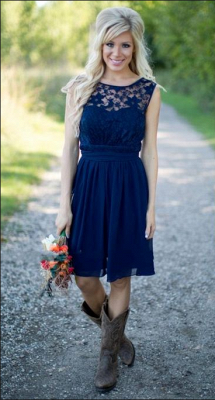 Navy Blue Lace Short Bridesmaid Dresses_1