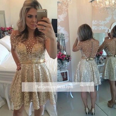 A-line Lace Short Gold Beadings Short-Sleeves Homecoming Dress_1