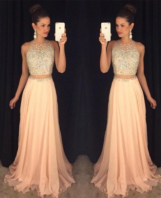 2021 Two-Piece Prom Dresses for Teens Chiffon Beaded Long A-line Sexy Evening Gowns_5