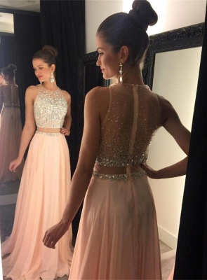 2021 Two-Piece Prom Dresses for Teens Chiffon Beaded Long A-line Sexy Evening Gowns_4