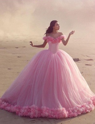 2021 Pink Cloud Wedding Dresses Off the Shoulder Flowers Fairy Ball Gown Bridal Gowns_1