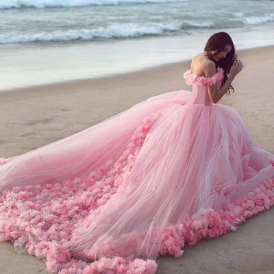2021 Pink Cloud Wedding Dresses Off the Shoulder Flowers Fairy Ball Gown Bridal Gowns_3