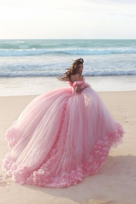 2021 Pink Cloud Wedding Dresses Off the Shoulder Flowers Fairy Ball Gown Bridal Gowns_4