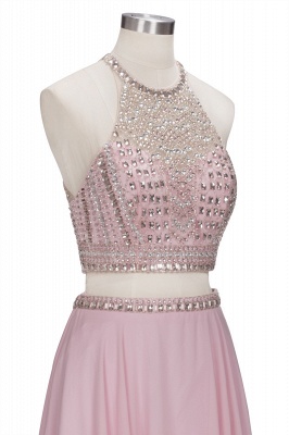 Sparkly Heavy Beaded Two Pieces Prom Dresses | Pink Halter Crystal Chiffon A-Line Evening Dresses_5
