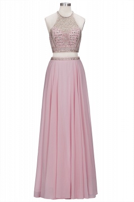Sparkly Heavy Beaded Two Pieces Prom Dresses | Pink Halter Crystal Chiffon A-Line Evening Dresses_2