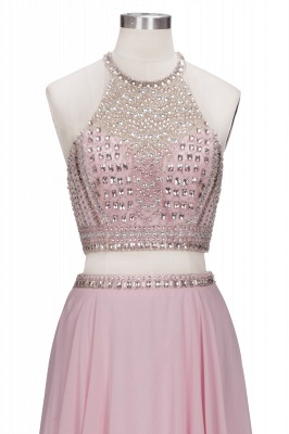 Sparkly Heavy Beaded Two Pieces Prom Dresses | Pink Halter Crystal Chiffon A-Line Evening Dresses_6