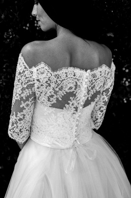 Half-sleeves Ball-Gown Lace Floor Length Simple Off-the-shoulder Wedding Dresses_3