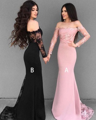 Chic Lace Mermaid Evening Dresses | Off-The-Shoulder Long Sleeves Bridesmaid Dresses_1