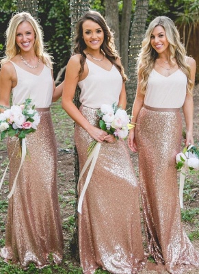 Chic V-Neck Sequins Skirt Bridesmaid Dresses | Sleeveless Long Sheath Wedding Party Dresses_1