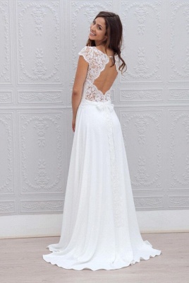 Simple Backless Short-Sleeves Chic A-line Sweep-train White Wedding Dress_3