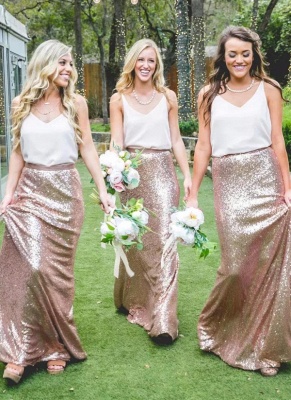 Chic V-Neck Sequins Skirt Bridesmaid Dresses | Sleeveless Long Sheath Wedding Party Dresses_3