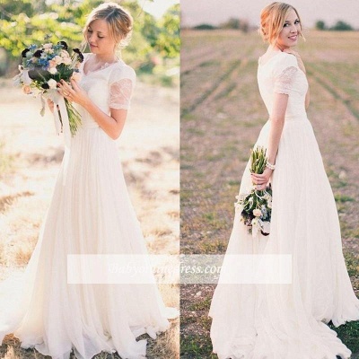 Chiffon Lace Short-Sleeves A-line Modest V-neck Popular Wedding Dresses_1