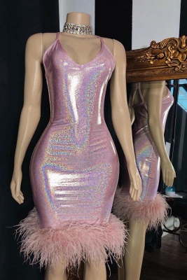 Shinny Pink Spaghetti Strap Sequins Sheath Knee-length Prom Dresses With Fur_1