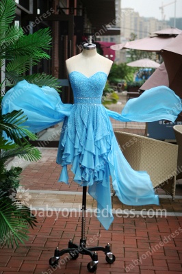 Blue Cocktail Dresses 2021 Sweetheart Sleeveless Cascading Ruffles Beading Sequins Charming Zipper Hi-lo Homecoming Gown_4