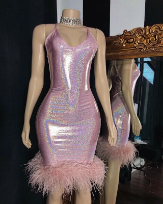 Shinny Pink Spaghetti Strap Sequins Sheath Knee-length Prom Dresses With Fur_2