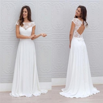 Simple Backless Short-Sleeves Chic A-line Sweep-train White Wedding Dress_4