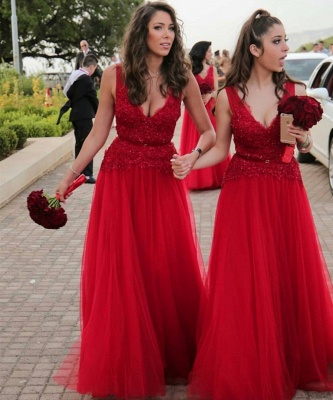 Red Tulle A-Line Bridesmaid Dresses | V-Neck Sleeveless Beading Long Wedding Party Dresses_2