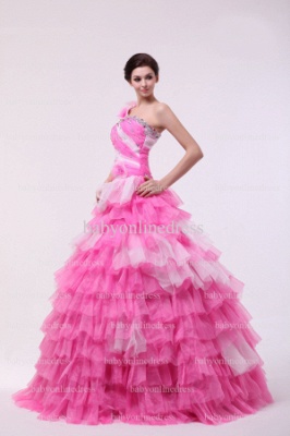 Affordable Dresses For Quinceanera Pink 2021 Wholesale One Shoulder Flowers Beaded Organza Layered Gowns For Sale BO0846_5