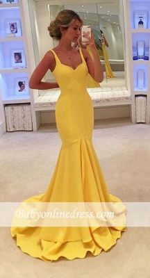Simple Yellow Mermaid Tiered Spaghetti-Straps 2021 Prom Dress_3