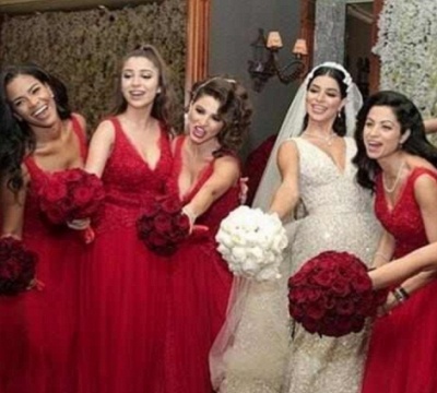 Red Tulle A-Line Bridesmaid Dresses | V-Neck Sleeveless Beading Long Wedding Party Dresses_3